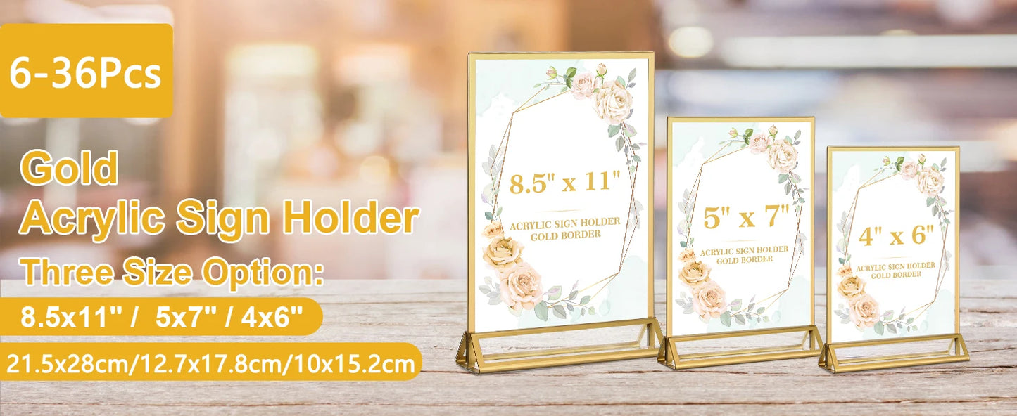 6-36 Transparent Acrylic Signage Gold Picture Frames Double-sided Display Stand Wedding Number Plate Table Flyer Menu Card Rack