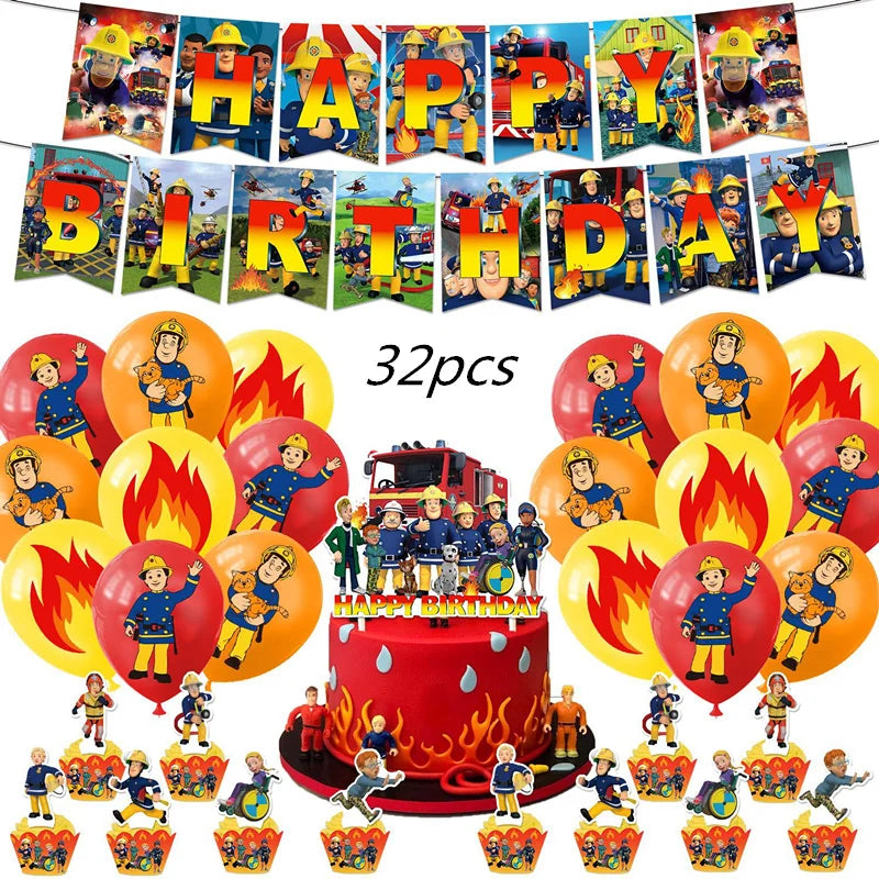 Firefighter Sam Party Supplies Plates Napkins Cups Tablecloth Banner Fire Truck Party Decorations Kids Boys Decor Supplies