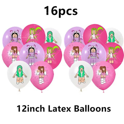 Pink Roblox Balloons Happy Birthday Banner Party Decoration Hot Robot Game Cake Topper Disposable Tableware Kids Girl Background