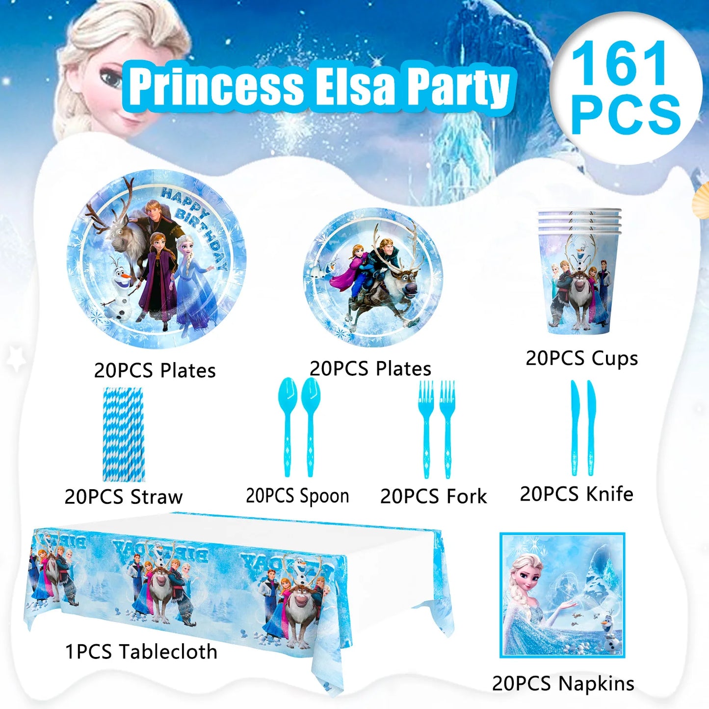 Frozen Theme Party Supplies,Frozen Birthday Party Tableware-161pcs Frozen Party Supplies-Frozen Plates Napkin Cup Tablecloth