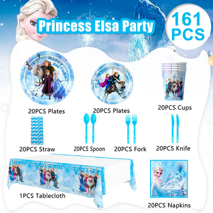Frozen Theme Party Supplies,Frozen Birthday Party Tableware-161pcs Frozen Party Supplies-Frozen Plates Napkin Cup Tablecloth