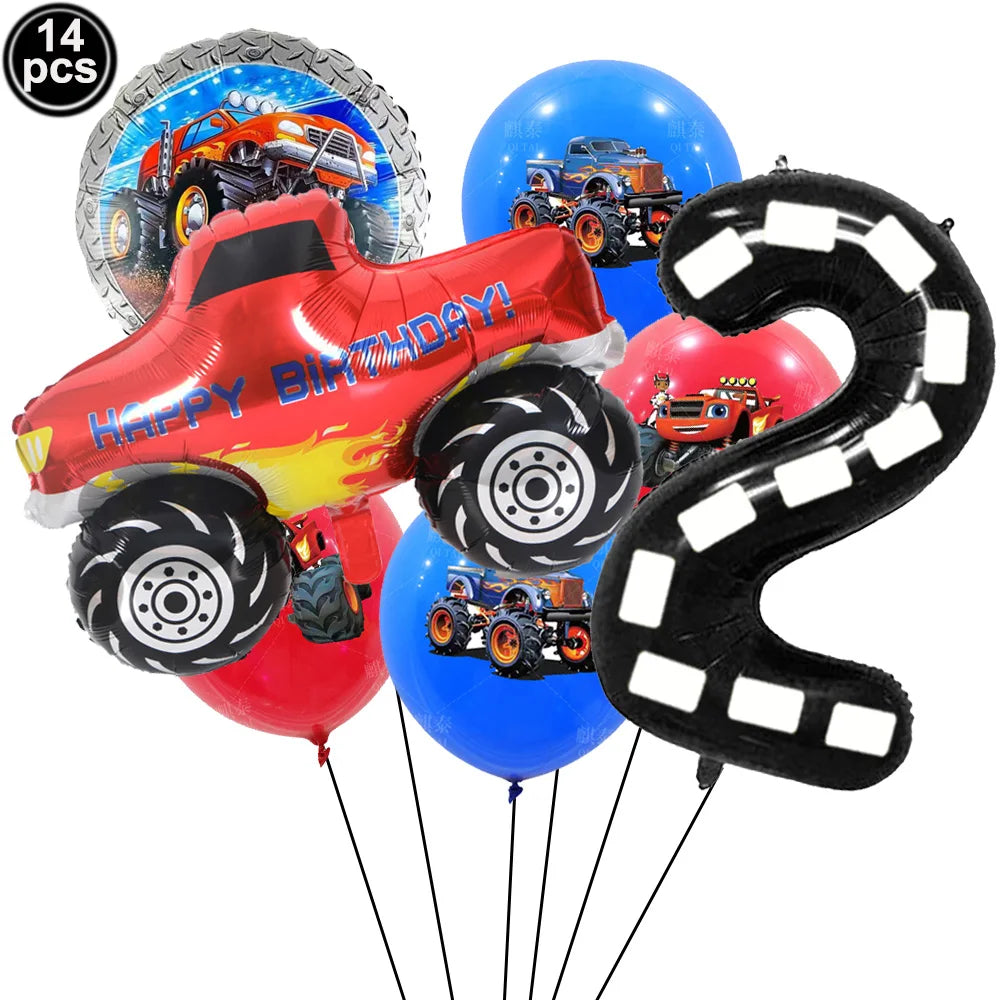 Monster Truck Birthday Party Paper Plates Cup Napkin Tablecloth Balloon Hanging Swirls Banner Monster Truck Birthday Party Decor