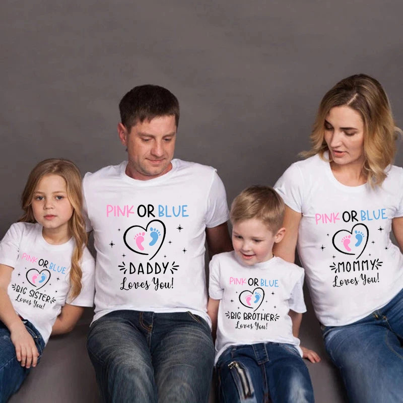 Pink Or Blue Daddy Mommy Brother Sister Loves You Funny Gender Reveal Party Shirts Cotton Baby Shower Tee Family Matching Outfit