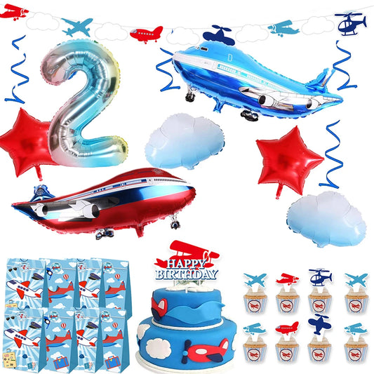 Airplane Party Decoration 12Inch Blue White Latex Balloons Big Plane Foil Cloud Balloon Set for Kids Boys Aviator Theme Birthday