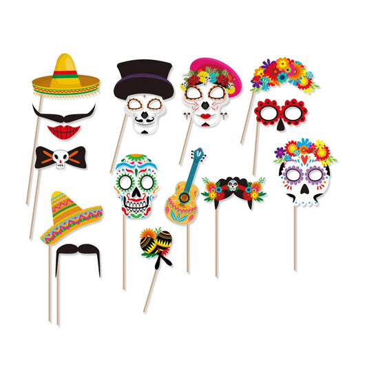 Mexico Day of  The Dead Theme Skull Banner Multicolor Mexican Photography Backdrop with Photo Booth Props Party Decorations