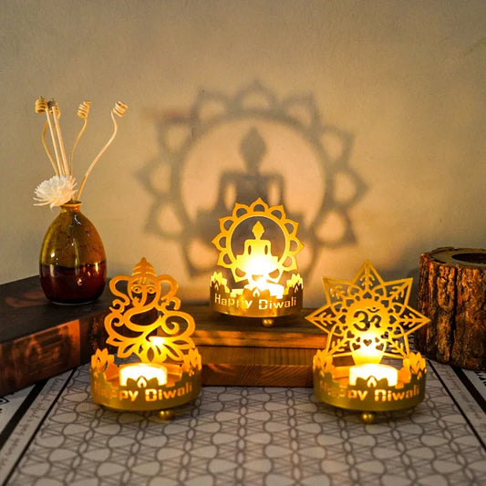 1Pc Art Metal Buddha Statue Candle Holder Crafts Home Decoration Hollow Shadow Diwali Festival Fortune Candle Lamp