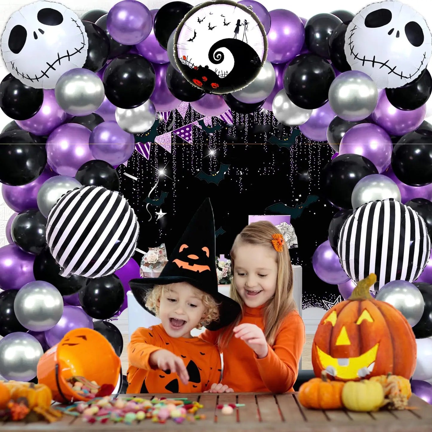 Halloween Party Balloon Garland Kit Nightmare Before Christmas Purple Black Balloon with Skull for Halloween Birthday Decoration