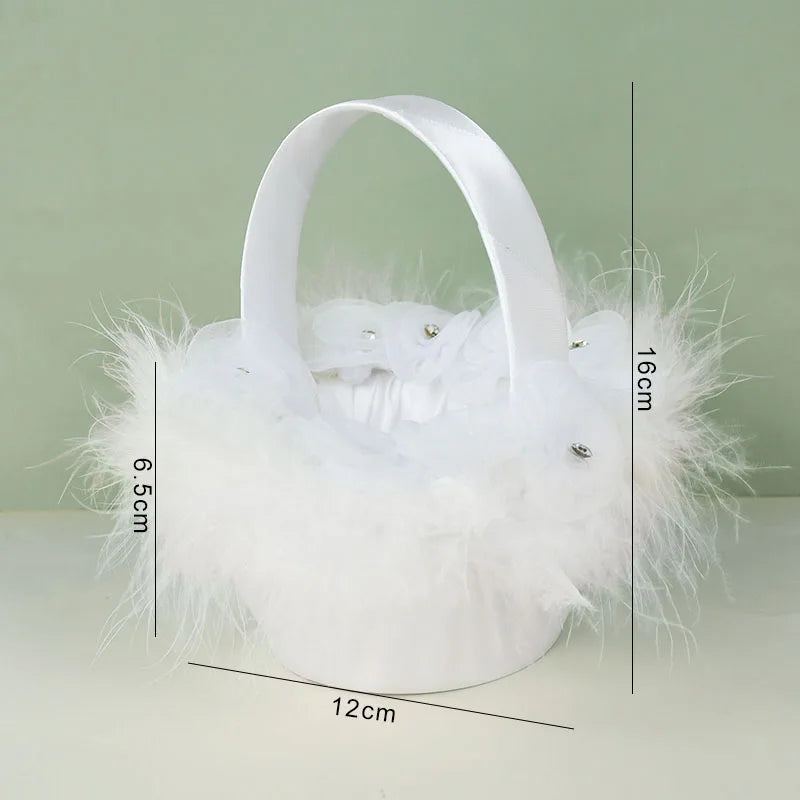 20 cm White Flower Girls Basket Silk Wedding Basket for Flower Bride/Kids Hand Held Wedding Ceremony Party Decorations