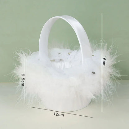 20 cm White Flower Girls Basket Silk Wedding Basket for Flower Bride/Kids Hand Held Wedding Ceremony Party Decorations