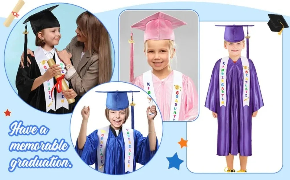 2025 Year Preschool and Kindergarten Graduation Gown Cap Tassel Set with 2025/2026 Charm Printed Stole Grad Gift for Boys Girls