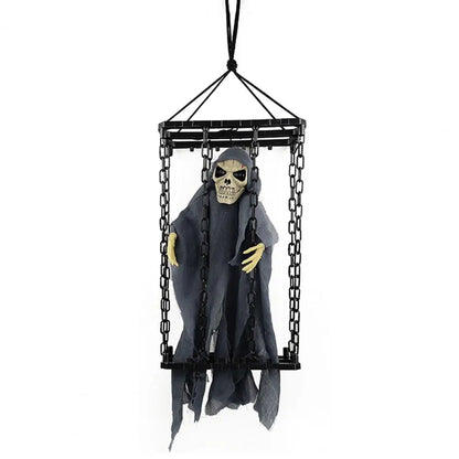 Halloween Outdoor Decoration Ghosts Skeleton Animated Ornament with Lighted Eyes Creepy Laughter Halloween Hanging Prisoner Cage