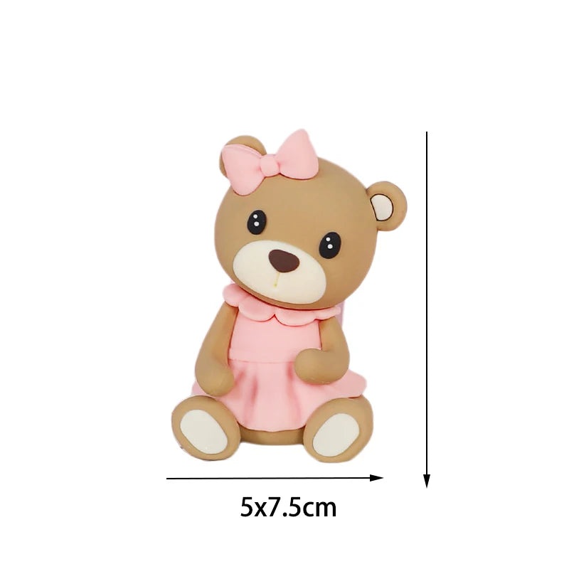 New 3D Pink Blue Bear Cake Topper Cute Mini Bear Doll Cake Decoration Boy Girl Birthday Party Gender Reveal Baby Shower Supplies