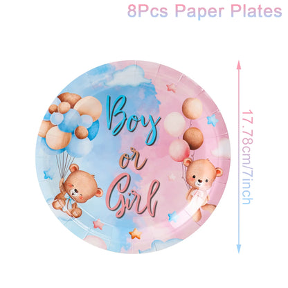 Teddy Bear Gender Reveals Baby Shower Disposable Tableware Sets Pink Blue Napkin Plate Boy or Girl Happy Birthday Party Supplies