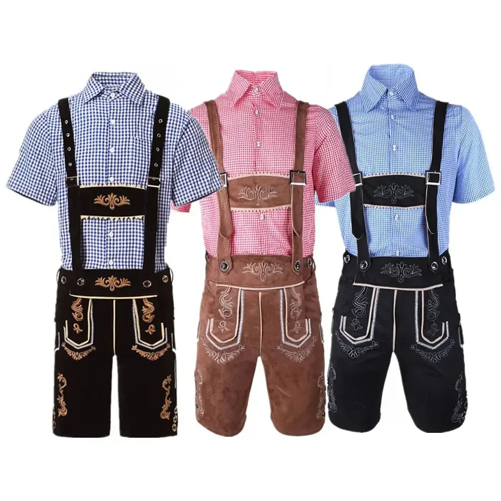 Bavarian Octoberfest German Beer Costume Male Oktoberfest Lederhosen Costume Beer Shirt Suspender Shorts Hat Cosplay Costumes