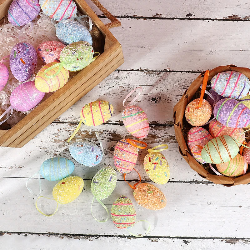 24/6pcs Painted Foam Easter Eggs Rabbit Hanging Ornaments Decoration for Home Easter Tree Pendants Basket Decor Kids Gift 2025