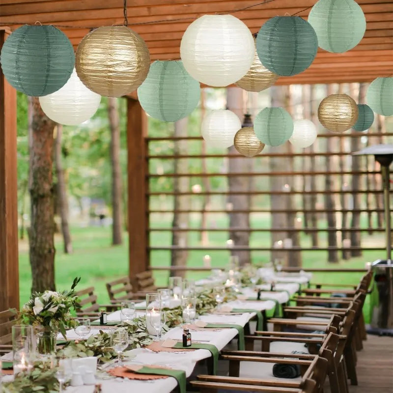 15Pcs Sage Green Set Round Paper Lantern For Baby Girl Shower Decoration Baptism Party Decor Hanging Pompom Crafts Ornament