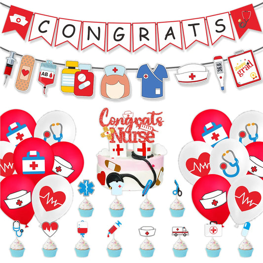 Doctor Nurse Graduation Theme CONGRATS Banners Cupcake Topper Balloon for Happy Nurse's Day Graduated Party Photo Props Decor