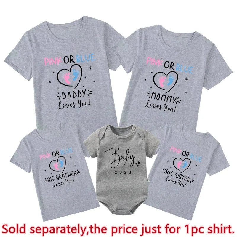 Pink Or Blue Daddy Mommy Brother Sister Loves You Funny Gender Reveal Party Shirts Cotton Baby Shower Tee Family Matching Outfit