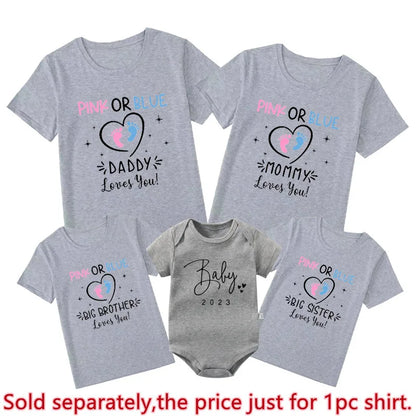 Pink Or Blue Daddy Mommy Brother Sister Loves You Funny Gender Reveal Party Shirts Cotton Baby Shower Tee Family Matching Outfit