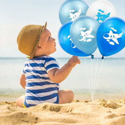 Airplane Party Decoration 12Inch Blue White Latex Balloons Big Plane Foil Cloud Balloon Set for Kids Boys Aviator Theme Birthday