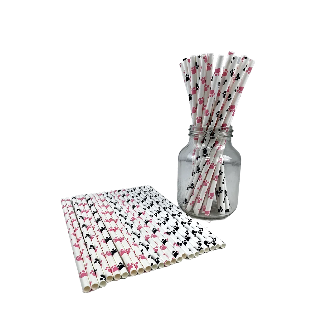 25/50/100/200pcs Dog Paw Print Paper Straws Animal Dog Puppy Straws Dog Themed Drinking Straws for Puppy Birthday Party Decors