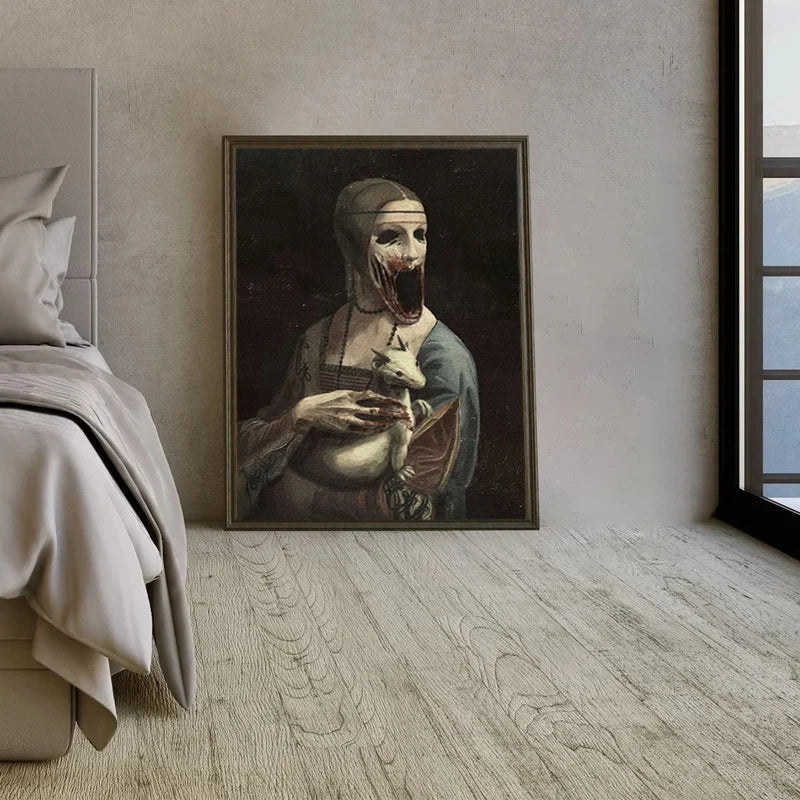 Creepy Famous Painting Character Mona Lisa Canvas Painting Print Poster Scary Wall Art Pictures Horror Figure Wall Decor Mural