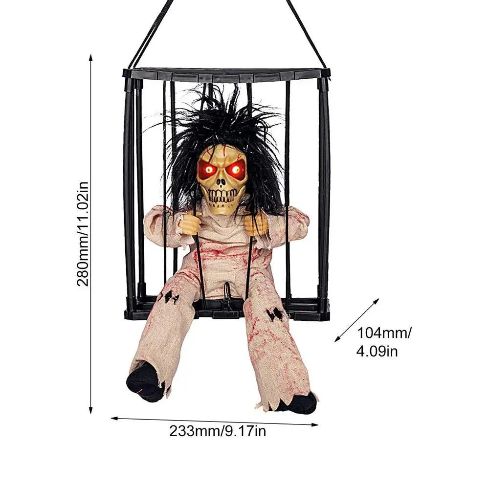 Halloween Decoration Prisoner Ghost In Cage Scary Skull Prop Electric Skeleton Toy Glowing Eye Sound Doll Hangable Talking Ghost