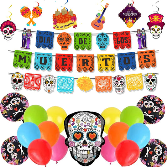 Day of the Dead Decor Dia De Los Muertos Picado Banner Sugar Skull Balloons for Mexican Fiesta Dia De Los Muertos Altar Party