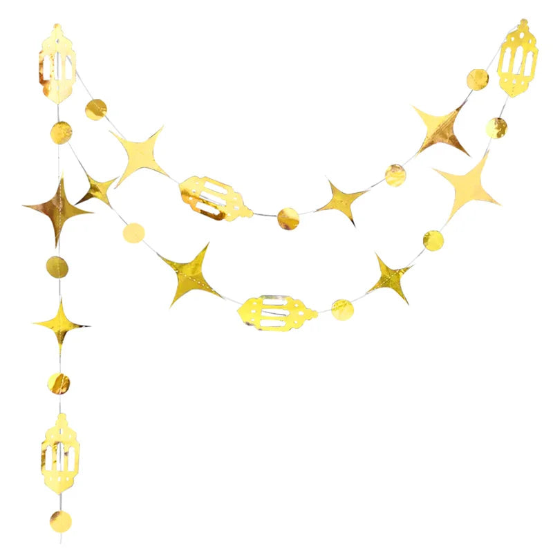 Gold Star Moon Circle Dot Crescent Lamp Eid Paper Garland Gold Mubarak Ramadan Streamer Backdrop Muslim Party Banner Decorations