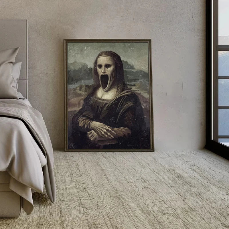 Creepy Famous Painting Character Mona Lisa Canvas Painting Print Poster Scary Wall Art Pictures Horror Figure Wall Decor Mural