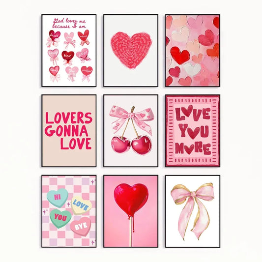 Retro Cute Pink Cherries Bow Heart Lollipop Love Valentine Illustration Poster Canvas Painting Wall Pictures Modern Home Decor