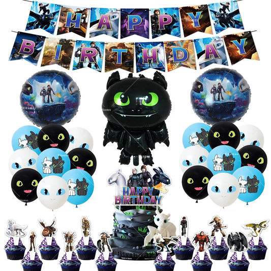 1set How Train Dragon Balloons No Teeth Toothlessing Green Eye Black Loong Party Decoration Happy Birthday Banner Cake Topper