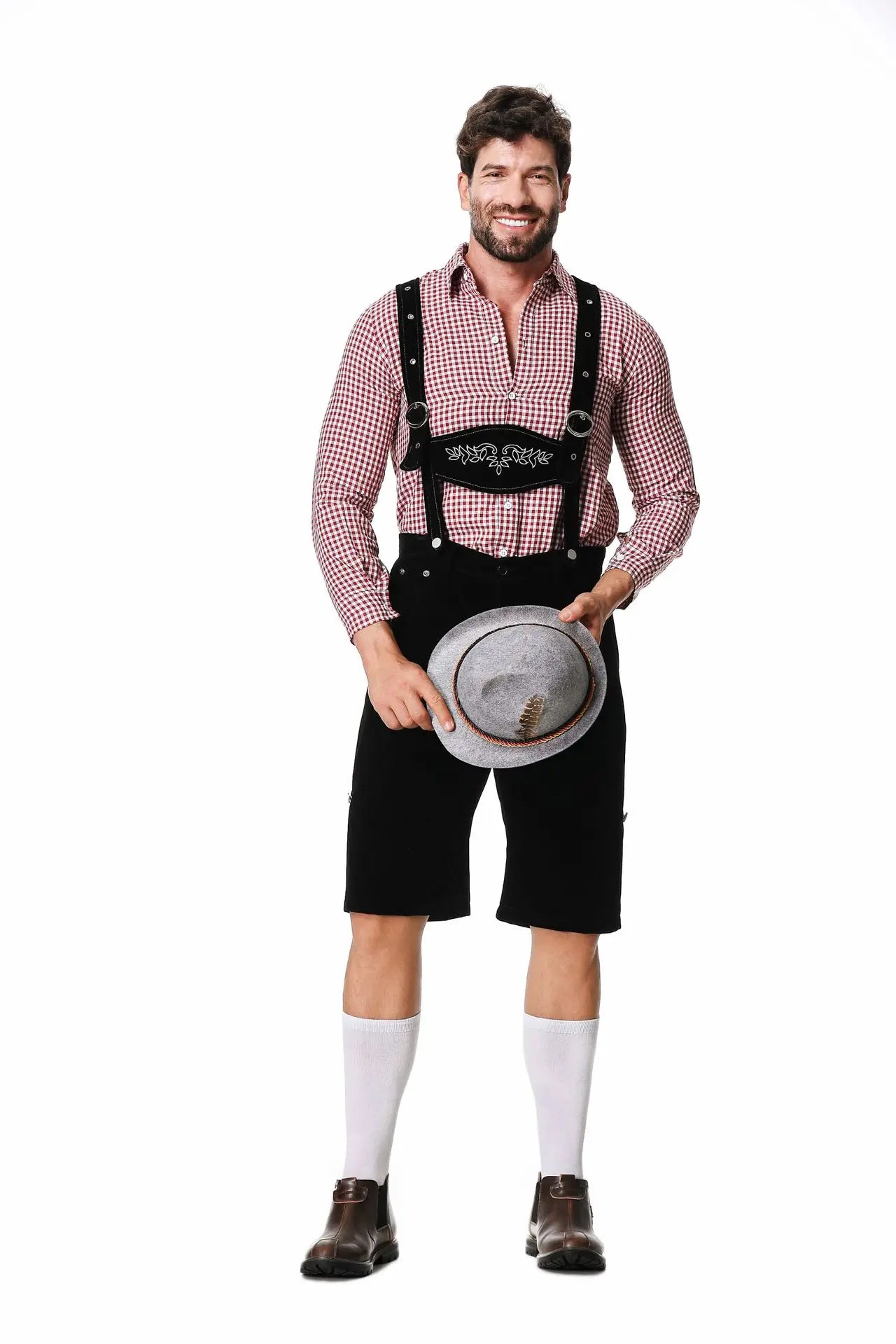 Three-Piece Set Oktoberfest Lederhosen Costume for Men Bavarian German Beer Festivals Suspenders Shirt Hat Male Cosplay Costumes