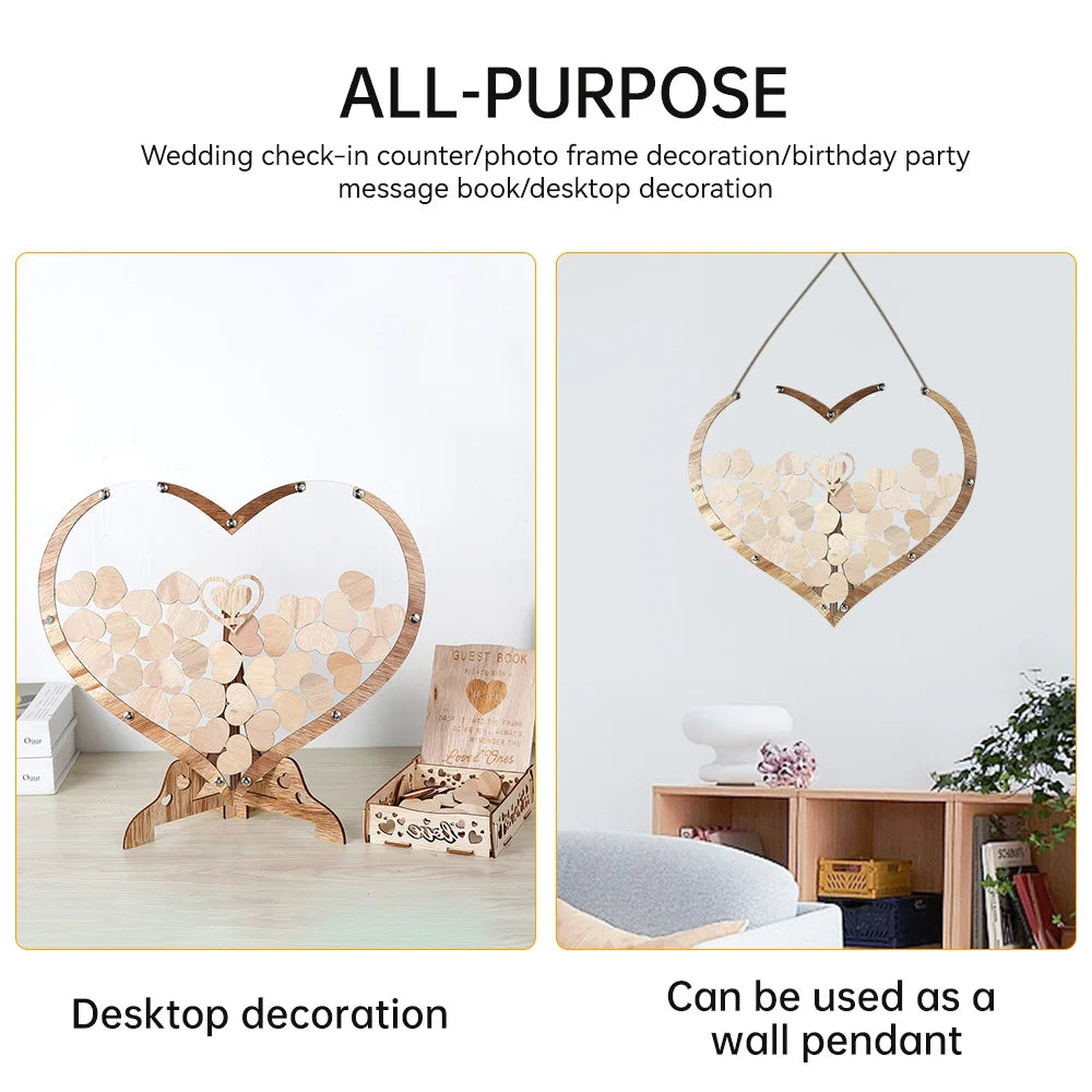 Wedding Guest Book Wooden Drop Heart Message Book Sign in Table Photo Frame Birthday Valentine's Day Wedding Party Decoration