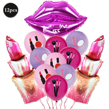 12pcs Spa Makeup Party Balloons Set Lipstick Lips High Heels Foil Ball Girl Bachelor Party Valentine's Day Wedding Bridal Shower