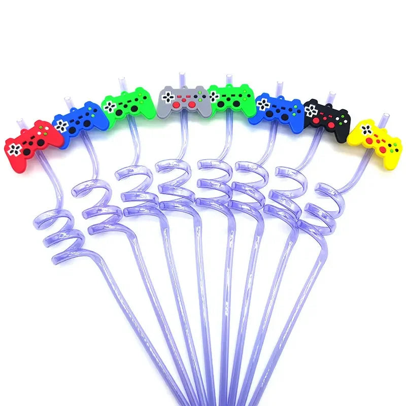 8pcs 26cm Reusable Game Controller Plastic Helical   Straws Gamepad Toys Straw Game Console Theme Kids Birthday Party Decor