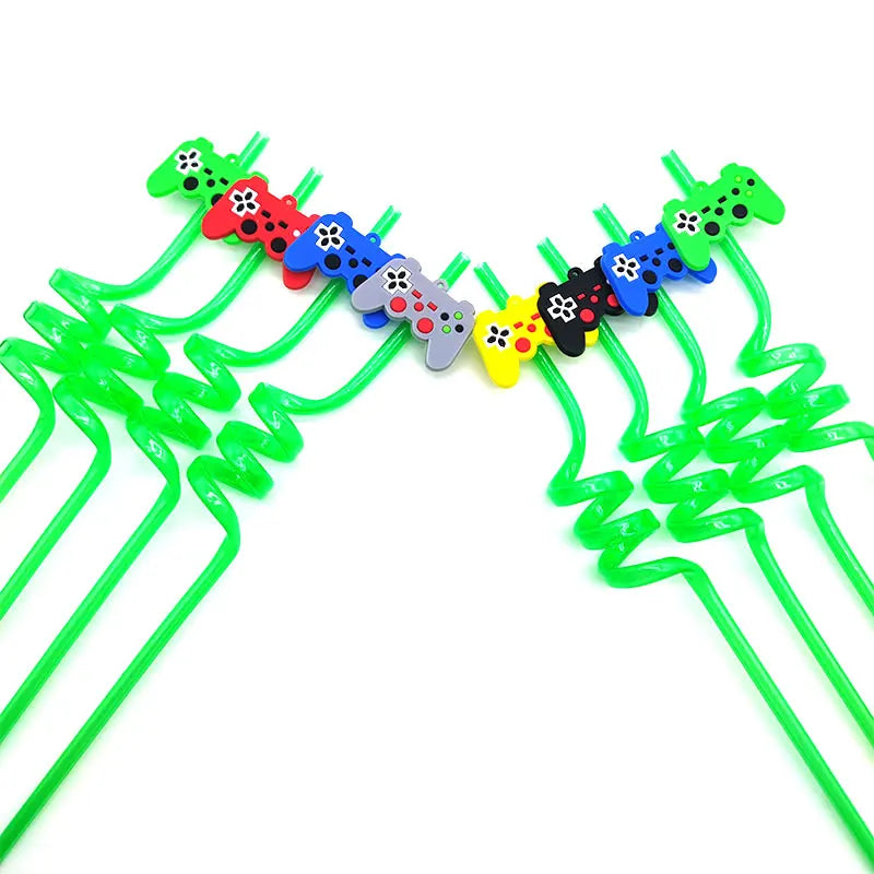 8pcs 26cm Reusable Game Controller Plastic Helical   Straws Gamepad Toys Straw Game Console Theme Kids Birthday Party Decor