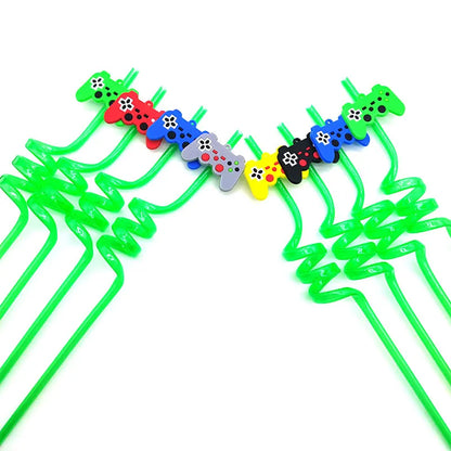 8pcs 26cm Reusable Game Controller Plastic Helical   Straws Gamepad Toys Straw Game Console Theme Kids Birthday Party Decor