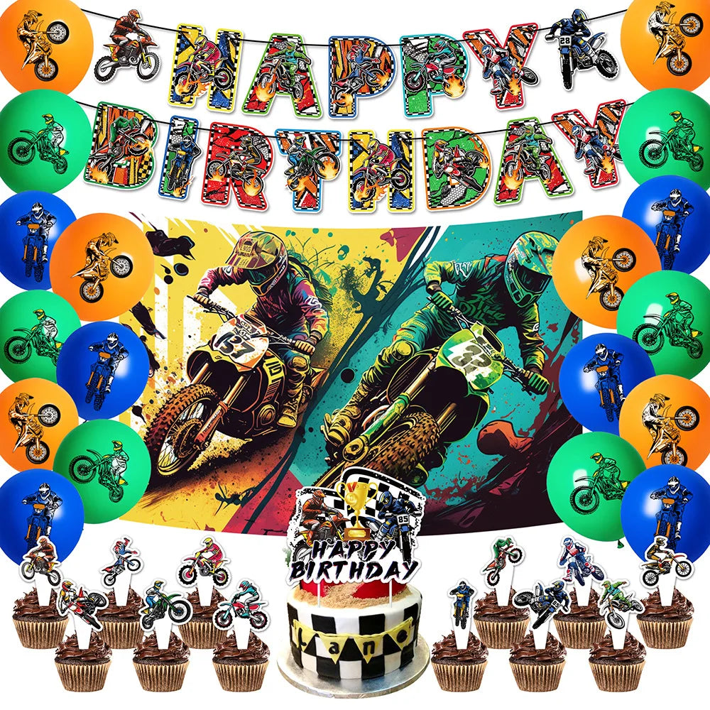 Motocross Dirt Bike Birthday Party Banner Cake Topper Foil Motorcycle Balloon for Boy Kids Motor Theme Party Decoration Supplies