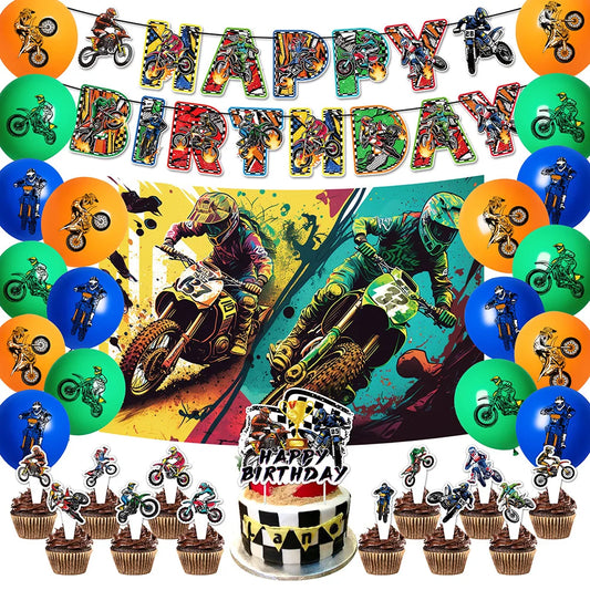 Motocross Dirt Bike Birthday Party Banner Cake Topper Foil Motorcycle Balloon for Boy Kids Motor Theme Party Decoration Supplies