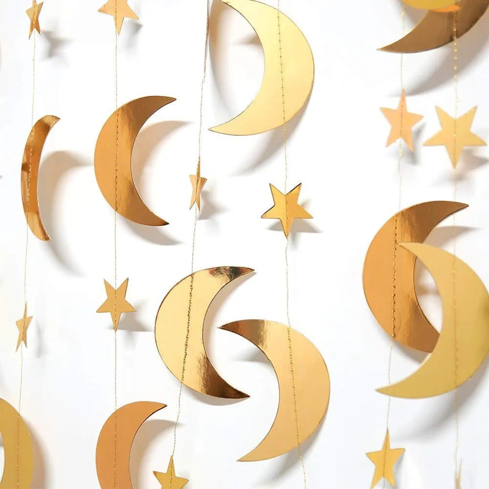 Gold Star Moon Circle Dot Crescent Lamp Eid Paper Garland Gold Mubarak Ramadan Streamer Backdrop Muslim Party Banner Decorations