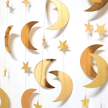 Gold Star Moon Circle Dot Crescent Lamp Eid Paper Garland Gold Mubarak Ramadan Streamer Backdrop Muslim Party Banner Decorations