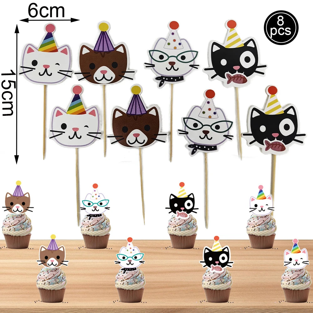 Cat Themed Party Tableware Set Paper Plates Napkins Tablecloth Banner Kitten Girls Birthday Party Decorations Supplies