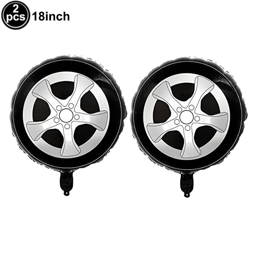 Car Race Balloons Traffic Cones Black White Checkered Flags Racing Wheel tire Foil Balloon Kids Car Birthday Party Decorations