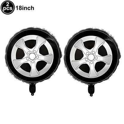 Car Race Balloons Traffic Cones Black White Checkered Flags Racing Wheel tire Foil Balloon Kids Car Birthday Party Decorations