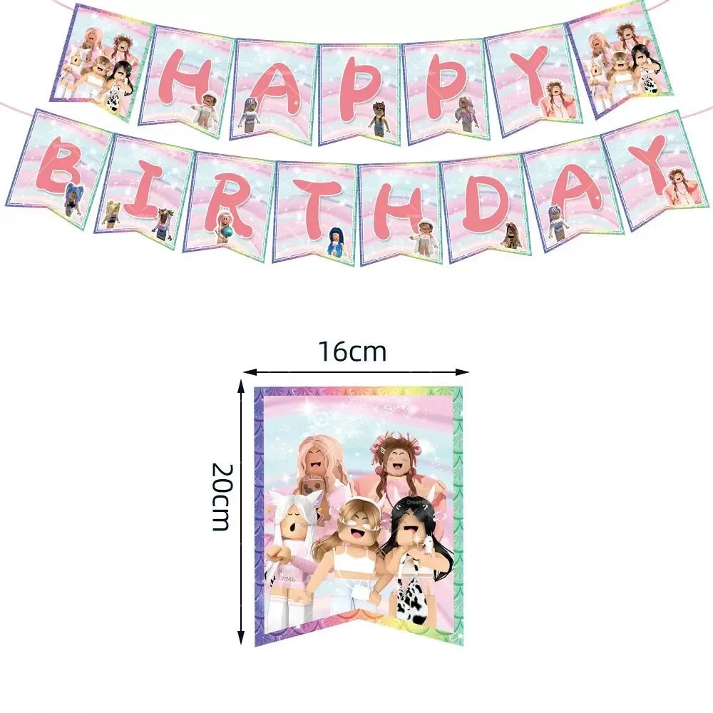 Pink Roblox Balloons Happy Birthday Banner Party Decoration Hot Robot Game Cake Topper Disposable Tableware Kids Girl Background
