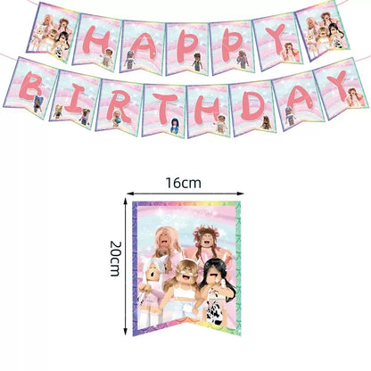 Pink Roblox Balloons Happy Birthday Banner Party Decoration Hot Robot Game Cake Topper Disposable Tableware Kids Girl Background