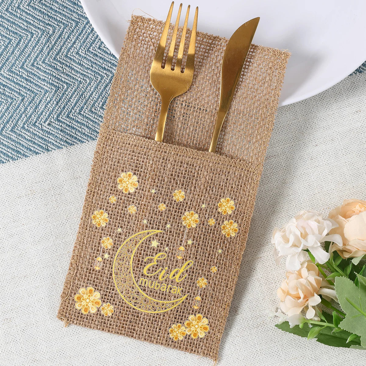 Eid Mubarak Burlap Cutlery Pouch Ramadan Decor for Home 2025 Table Decor Ramadan Kareem Islamic Muslim Party Eid Al-Fitr Gifts