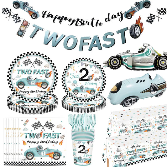 Race Car 2nd Birthday Decorations Tableware Paper Plates Cups Large Racing Car Balloons Kids Two Fast Birthday Party Supplies