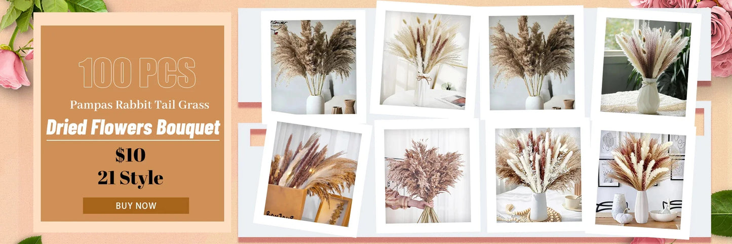 165PCS Pampas Grass Dried Flowers Boho Farmhouse Country Wedding Home Room Decor Bouquet Bunny Tail Grass DIY Artificial Flowers